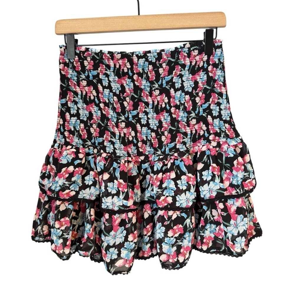 Allison New York Smocked Ruffled Tiered Floral Lace Trim Black Mini Skirt Sz L